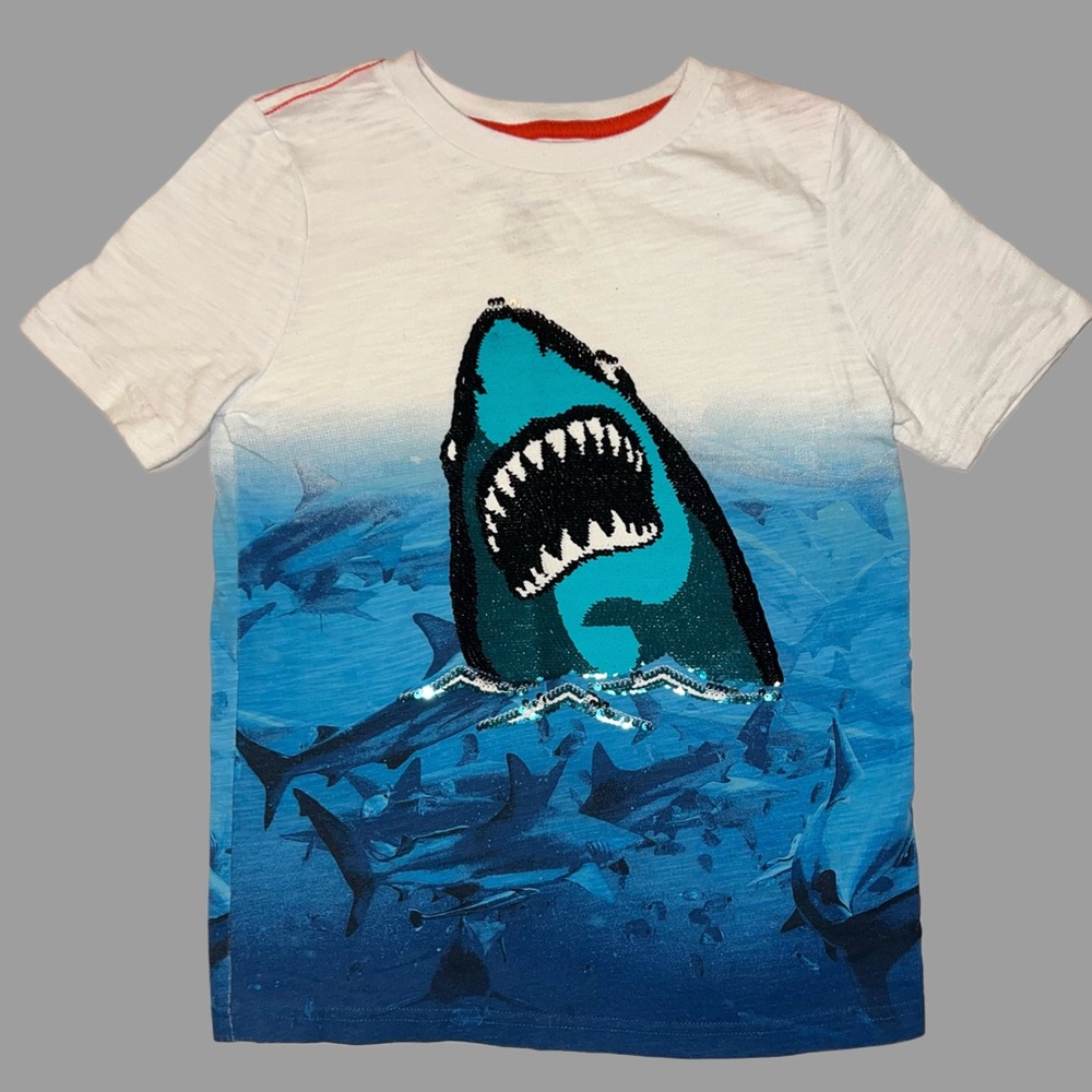 Shark Graphic Sequined T-Shirt in Blue and White